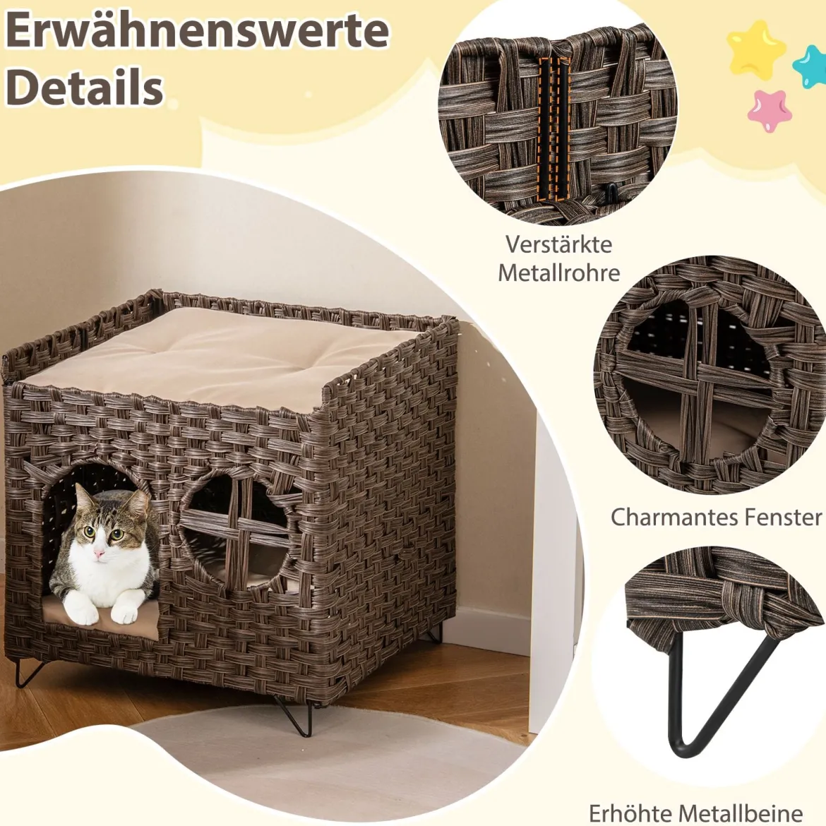 Katzenhaus aus PE-Rattan Klappbar 2 Etagen Katzenbett mit großer Sitzstange abnehmbaren Kissen 50,5 x 45 x 50 cm