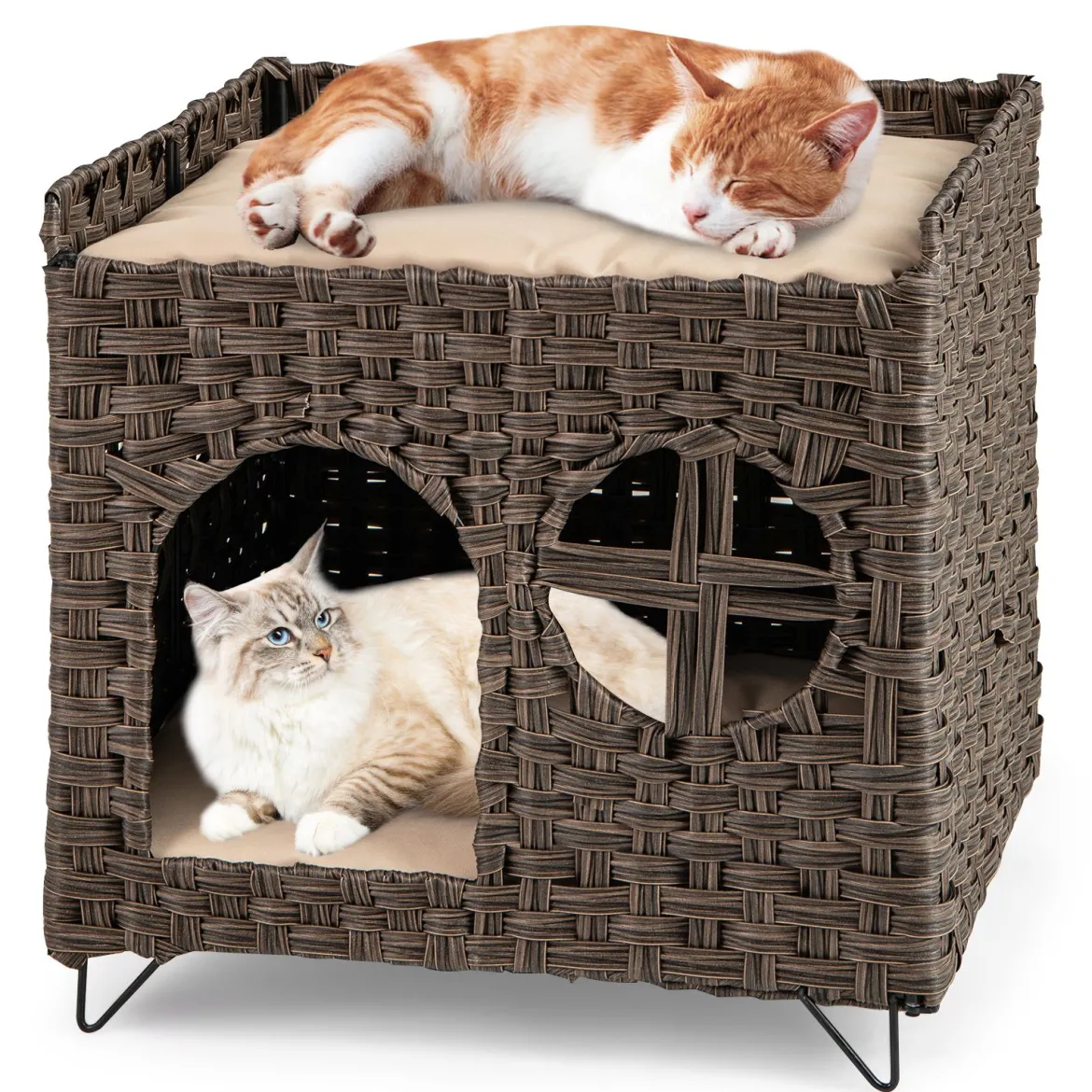 Katzenhaus aus PE-Rattan Klappbar 2 Etagen Katzenbett mit großer Sitzstange abnehmbaren Kissen 50,5 x 45 x 50 cm