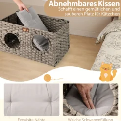 Katzenhaus aus PE-Rattan Klappbar Katzenbett mit abnehmbaren Kissen & abschließbarer Deckel 60 x 35 x 35 cm