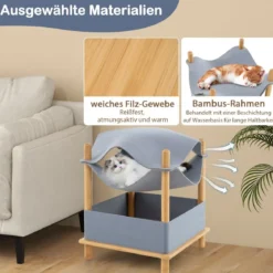 Katzenhaus 2 Etagen Bambus erhöhtes Katzenbett mit Stauraum 40 x 40 x 53 cm Natur+Grau