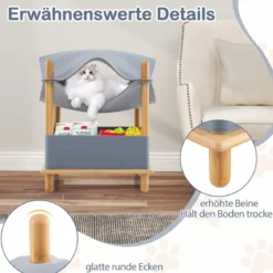 Katzenhaus 2 Etagen Bambus erhöhtes Katzenbett mit Stauraum 40 x 40 x 53 cm Natur+Grau