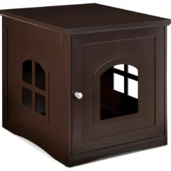 Katzenhaus Katzenklo mit magnetischer Tür Kleintierhaus Katzentoilette Holz 49 x 53 x 53 cm Braun