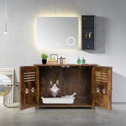 Katzenhaus Katzentoilette mit Doppelten Lamellentüren Katzenschrank 70 x 52 x 51 cm Braun
