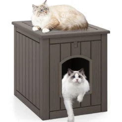 Katzenhaus mit Klapptür & Erhöhtem Boden Katzenklo Schrank aus PP Katzentoilette Grau