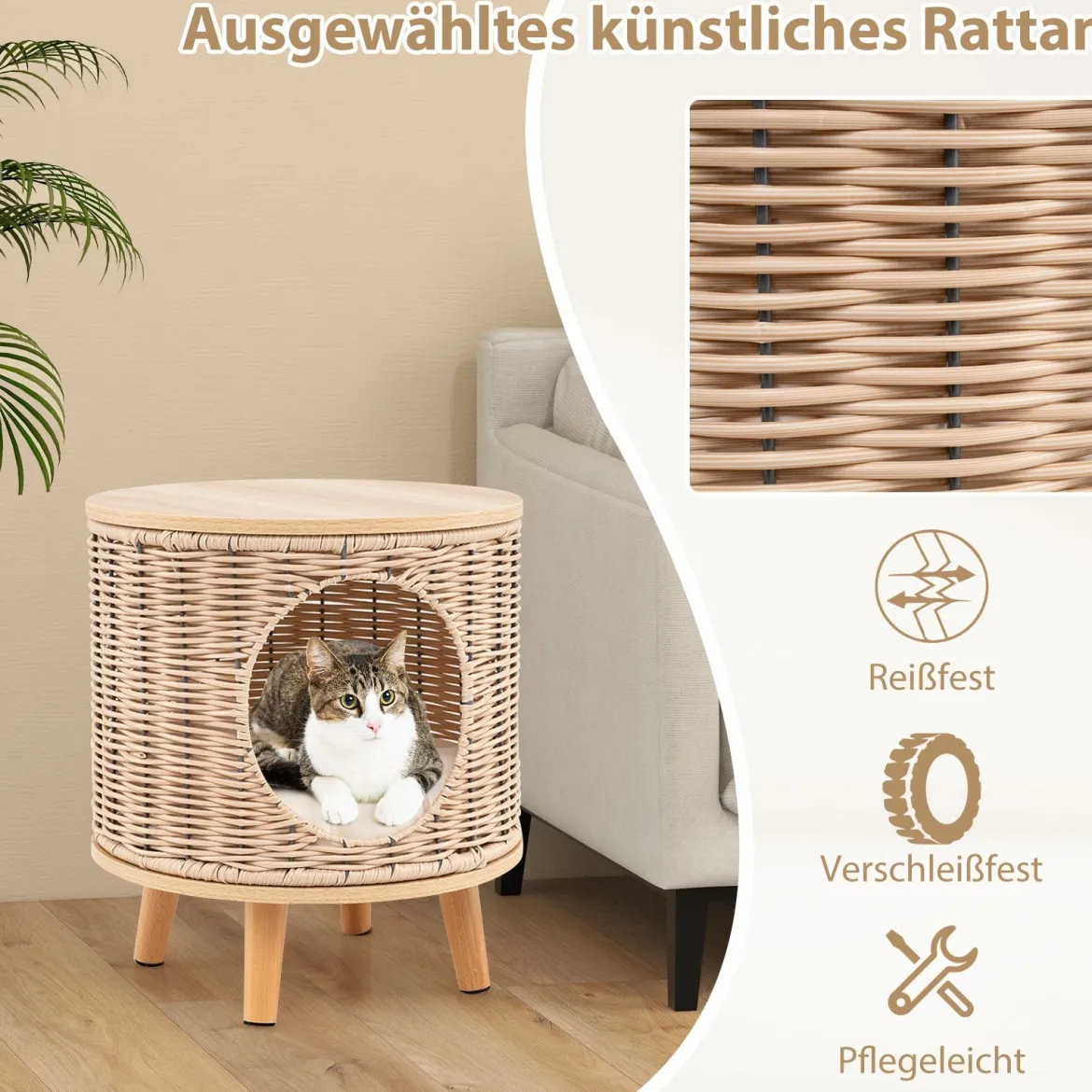 Katzenhaus Rattan Katzenbett mit Holzbeinen & abnehmbares Kissen für Katzen bis 30 kg Indoor Katzenmöbel 36 x 36 x 41 cm Natur