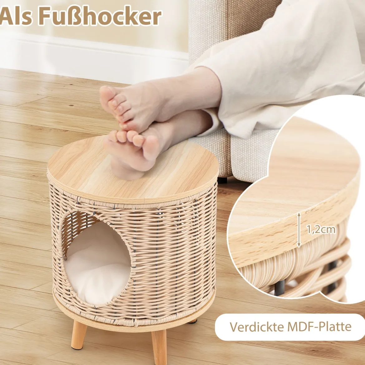 Katzenhaus Rattan Katzenbett mit Holzbeinen & abnehmbares Kissen für Katzen bis 30 kg Indoor Katzenmöbel 36 x 36 x 41 cm Natur