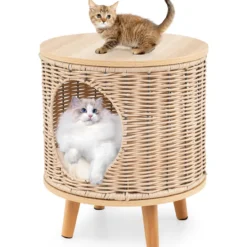 Katzenhaus Rattan Katzenbett mit Holzbeinen & abnehmbares Kissen für Katzen bis 30 kg Indoor Katzenmöbel 36 x 36 x 41 cm Natur