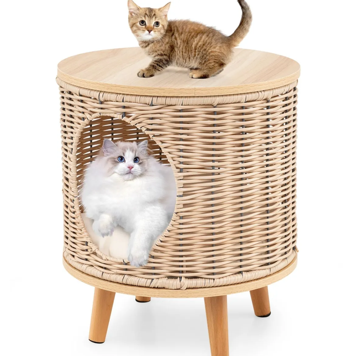 Katzenhaus Rattan Katzenbett mit Holzbeinen & abnehmbares Kissen für Katzen bis 30 kg Indoor Katzenmöbel 36 x 36 x 41 cm Natur