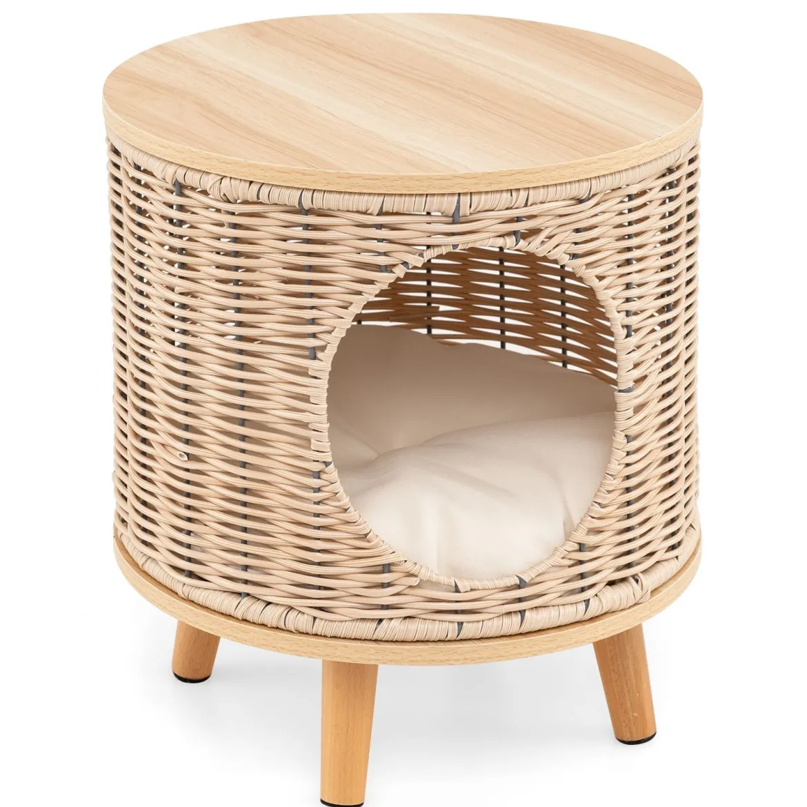 Katzenhaus Rattan Katzenbett mit Holzbeinen & abnehmbares Kissen für Katzen bis 30 kg Indoor Katzenmöbel 36 x 36 x 41 cm Natur