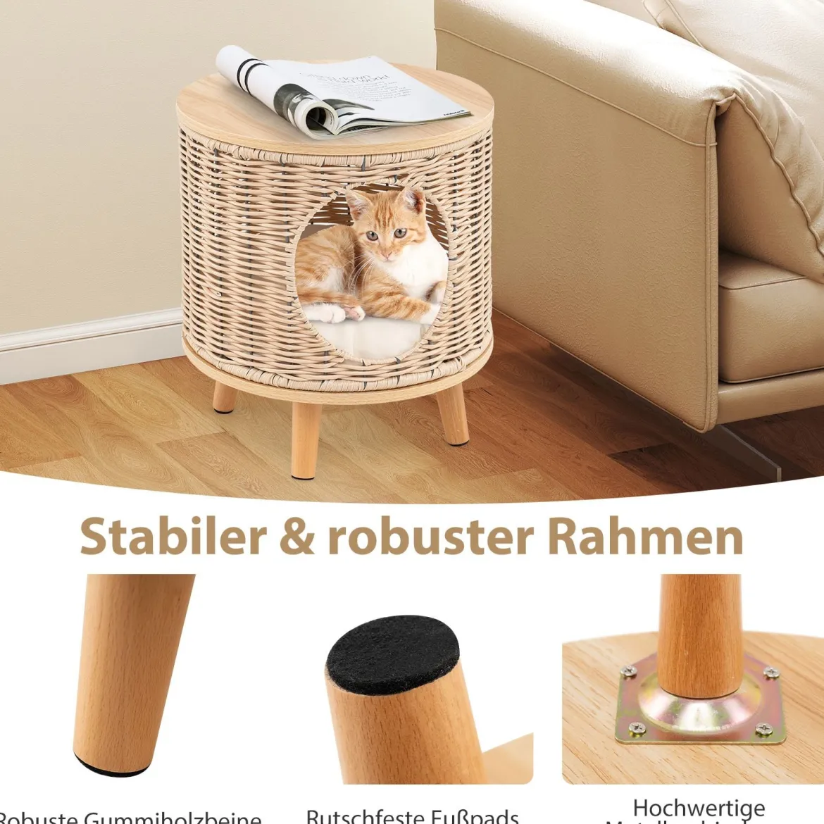 Katzenhaus Rattan Katzenbett mit Holzbeinen & abnehmbares Kissen für Katzen bis 30 kg Indoor Katzenmöbel 36 x 36 x 41 cm Natur