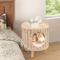 Katzenhaus Rattan Katzenbett mit Holzbeinen & abnehmbares Kissen für Katzen bis 30 kg Indoor Katzenmöbel 36 x 36 x 41 cm Natur
