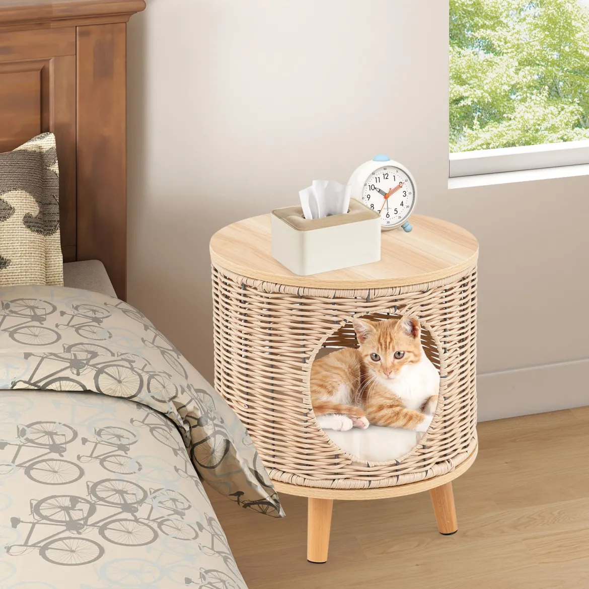 Katzenhaus Rattan Katzenbett mit Holzbeinen & abnehmbares Kissen für Katzen bis 30 kg Indoor Katzenmöbel 36 x 36 x 41 cm Natur