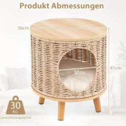 Katzenhaus Rattan Katzenbett mit Holzbeinen & abnehmbares Kissen für Katzen bis 30 kg Indoor Katzenmöbel 36 x 36 x 41 cm Natur