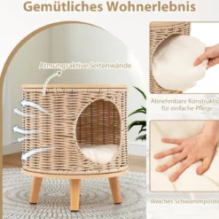 Katzenhaus Rattan Katzenbett mit Holzbeinen & abnehmbares Kissen für Katzen bis 30 kg Indoor Katzenmöbel 36 x 36 x 41 cm Natur