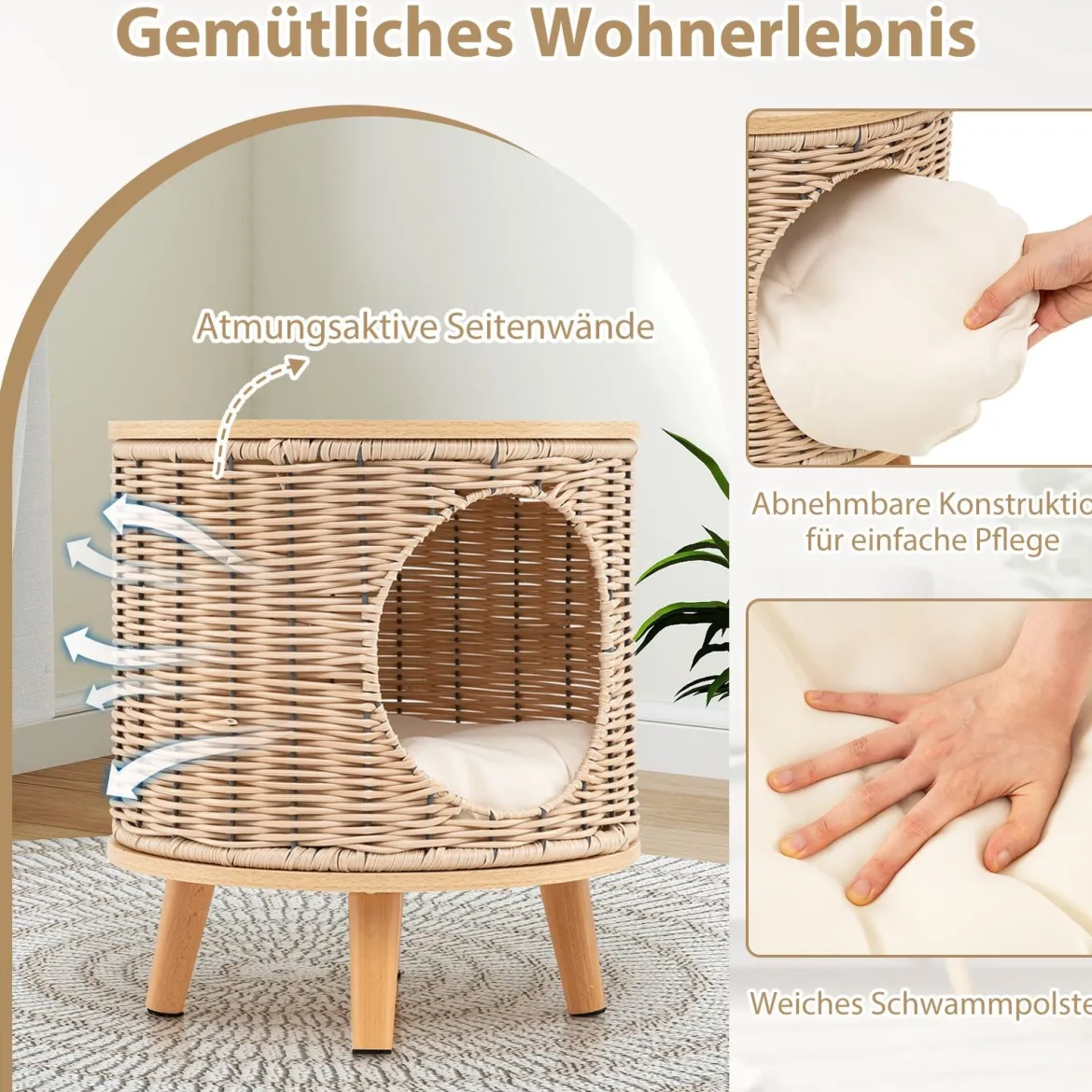 Katzenhaus Rattan Katzenbett mit Holzbeinen & abnehmbares Kissen für Katzen bis 30 kg Indoor Katzenmöbel 36 x 36 x 41 cm Natur