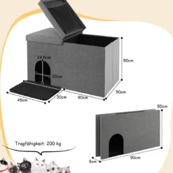 Katzenhöhle faltbar 2 in 1 Katzenhaus Sitzbank bis 200 kg Katzenversteck für Katzentoilette 90 x 50 x 50 cm Grau