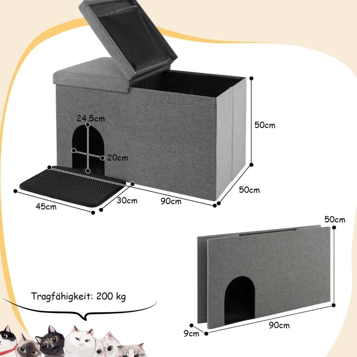Katzenhöhle faltbar 2 in 1 Katzenhaus Sitzbank bis 200 kg Katzenversteck für Katzentoilette 90 x 50 x 50 cm Grau