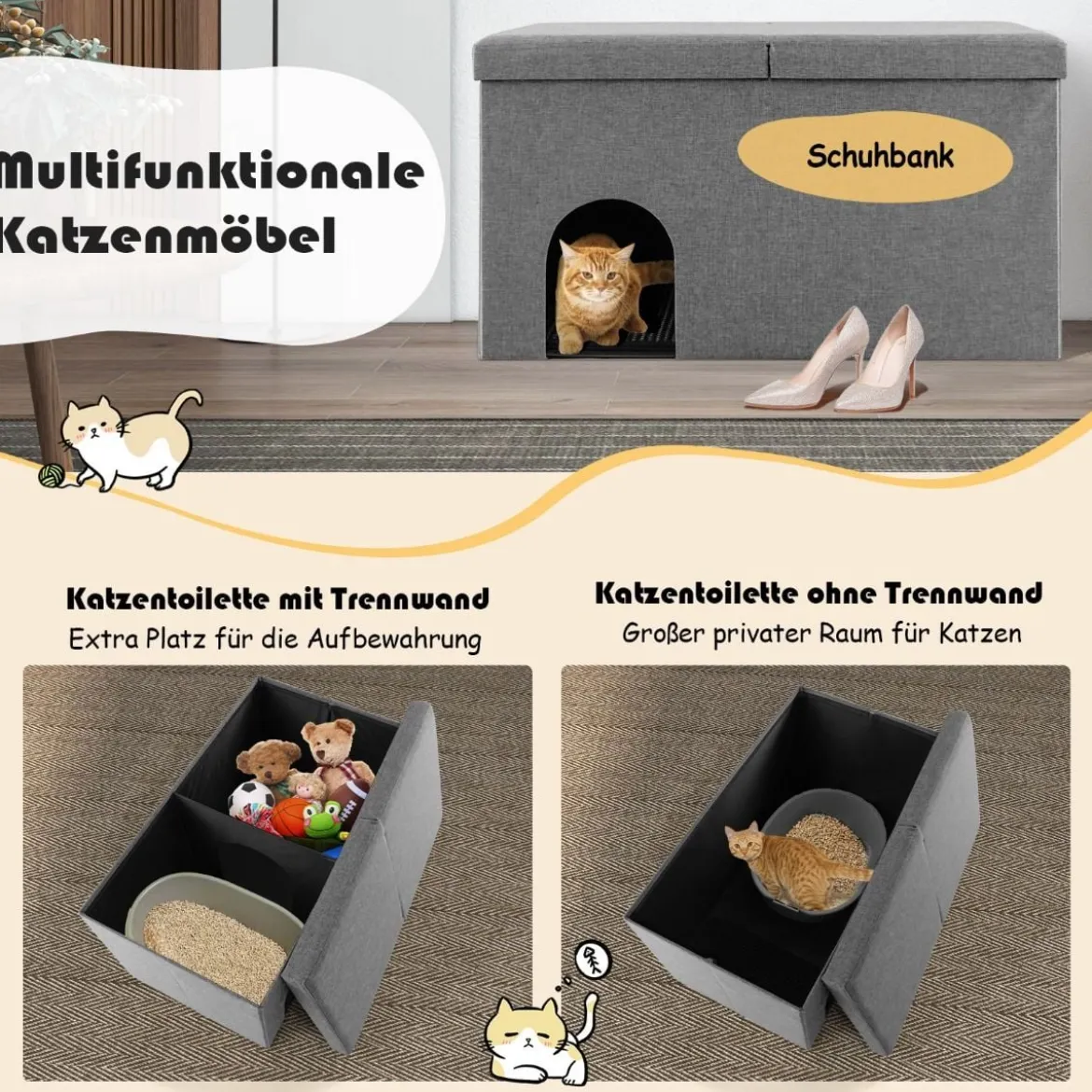 Katzenhöhle faltbar 2 in 1 Katzenhaus Sitzbank bis 200 kg Katzenversteck für Katzentoilette 90 x 50 x 50 cm Grau