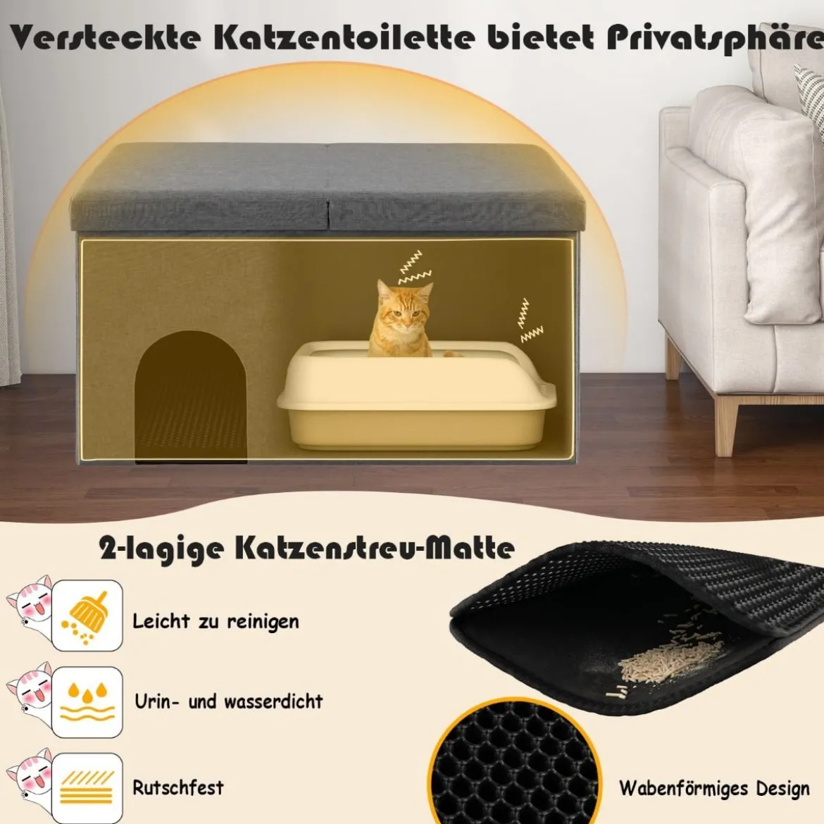 Katzenhöhle faltbar 2 in 1 Katzenhaus Sitzbank bis 200 kg Katzenversteck für Katzentoilette 90 x 50 x 50 cm Grau