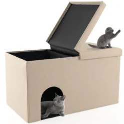Katzenhöhle faltbar 2 in 1 Katzenhaus Sitzbank bis 200 kg Katzenversteck für Katzentoilette 90 x 50 x 50 cm Beige