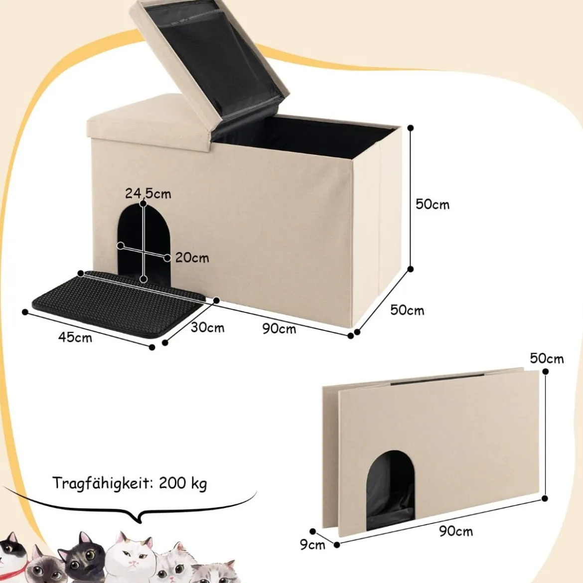 Katzenhöhle faltbar 2 in 1 Katzenhaus Sitzbank bis 200 kg Katzenversteck für Katzentoilette 90 x 50 x 50 cm Beige