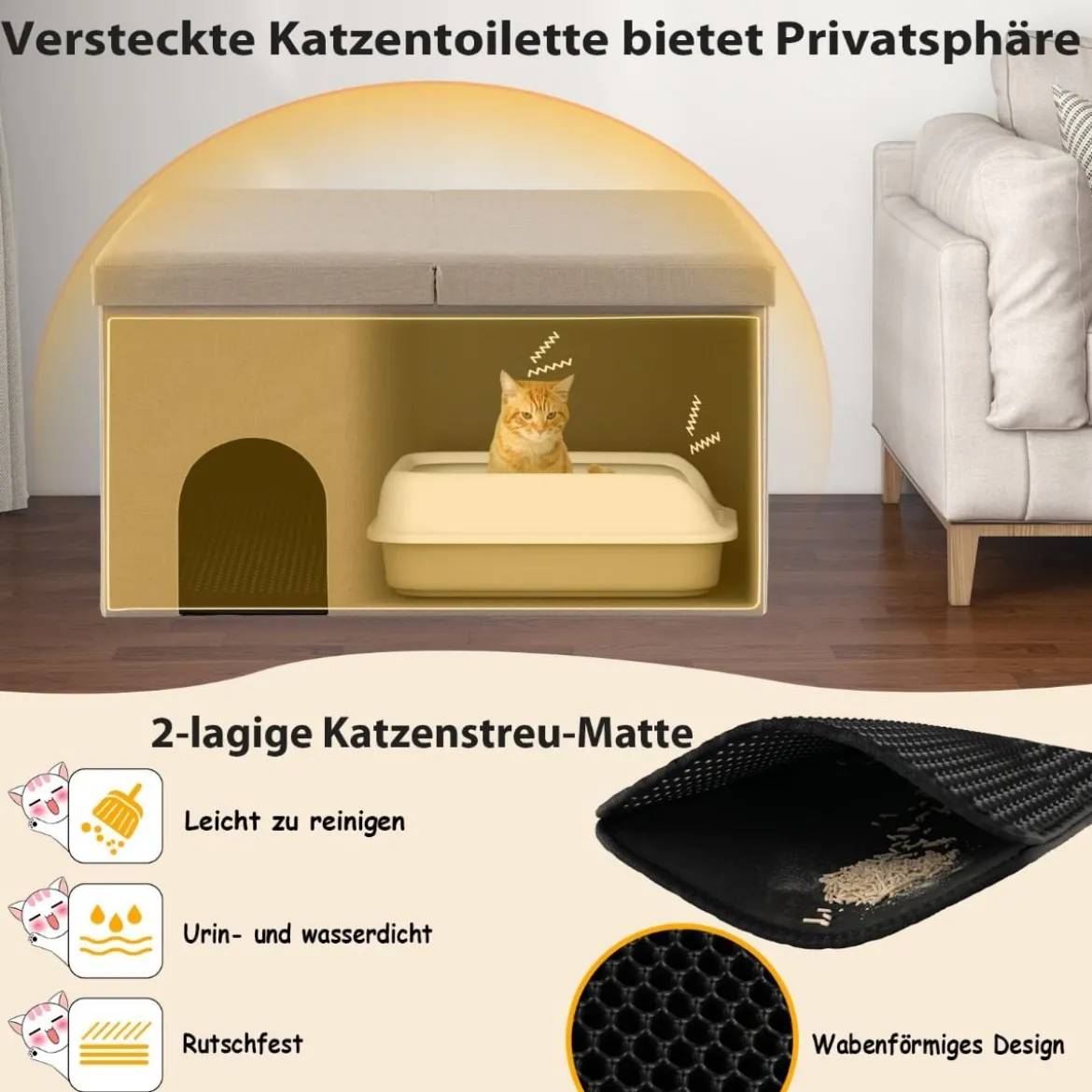 Katzenhöhle faltbar 2 in 1 Katzenhaus Sitzbank bis 200 kg Katzenversteck für Katzentoilette 90 x 50 x 50 cm Beige