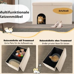 Katzenhöhle faltbar 2 in 1 Katzenhaus Sitzbank bis 200 kg Katzenversteck für Katzentoilette 90 x 50 x 50 cm Beige