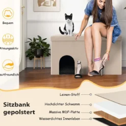 Katzenhöhle faltbar 2 in 1 Katzenhaus Sitzbank bis 200 kg Katzenversteck für Katzentoilette 90 x 50 x 50 cm Beige
