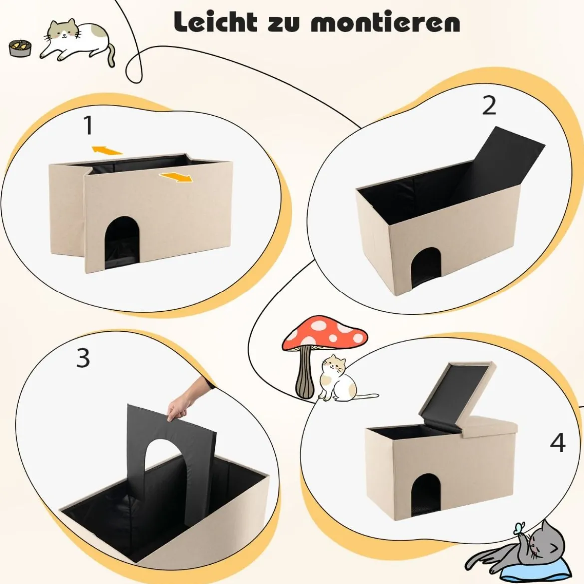Katzenhöhle faltbar 2 in 1 Katzenhaus Sitzbank bis 200 kg Katzenversteck für Katzentoilette 90 x 50 x 50 cm Beige