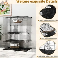 Katzenkäfig 4-stöckig große Katzengehege mit Hängematte 3 Leitern 4 Türen & Dachfenster