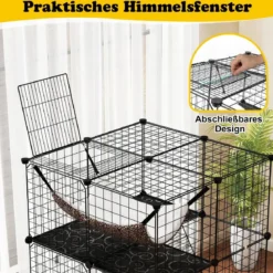 Katzenkäfig 3-stöckig große Katzengehege mit Hängematte 2 Leitern 3 Türen & Dachfenster 74 x 74 x 107 cm