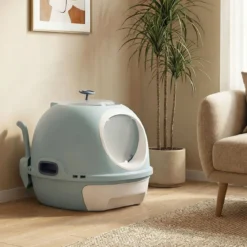 Katzenklo mit Deckel & Ausziehbarem Tablett & Schaufel & Frontöffnung Katzentoilette Blau
