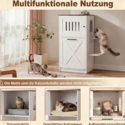 Katzenklo Schrank 115 cm Modernes Verstecktes Katzenhaus mit 2 Kratzmatten & Klappfach Weiß