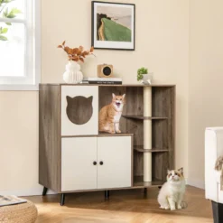 Katzenklo Schrank mit 3 Sisal-Kratzbäumen Katzentoilette Schrank mit 5 Metallstützbeinen Grau+Weiß