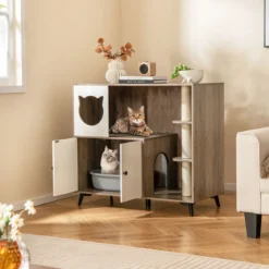 Katzenklo Schrank mit 3 Sisal-Kratzbäumen Katzentoilette Schrank mit 5 Metallstützbeinen Grau+Weiß