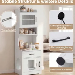 Katzenklo Schrank mit Verstellbarem LED-Licht & Regal & Ladestation & Schublade Katzentoilette Weiß