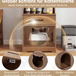 Katzenklo Schrank mit Verstellbarem LED-Licht & Regal & Ladestation & Schublade Katzentoilette Natur
