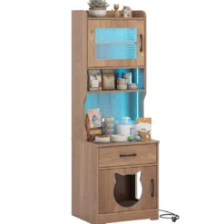 Katzenklo Schrank mit Verstellbarem LED-Licht & Regal & Ladestation & Schublade Katzentoilette Natur