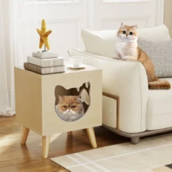 Katzenklo Schrank modernes Katzentoiletten-Möbel mit abnehmbarem Deckel Katzeneingang & Fenster Natur