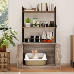 Katzenschrank für Katzentoilette mit Bücherregal Katzenklo Schrank Katzenhaus mit Eingang Grau