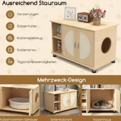 Katzenschrank für Katzentoilette mit Kratztüren aus Sisal & Katzenloch Katzenklo Schrank 82 x 48 x 52 cm
