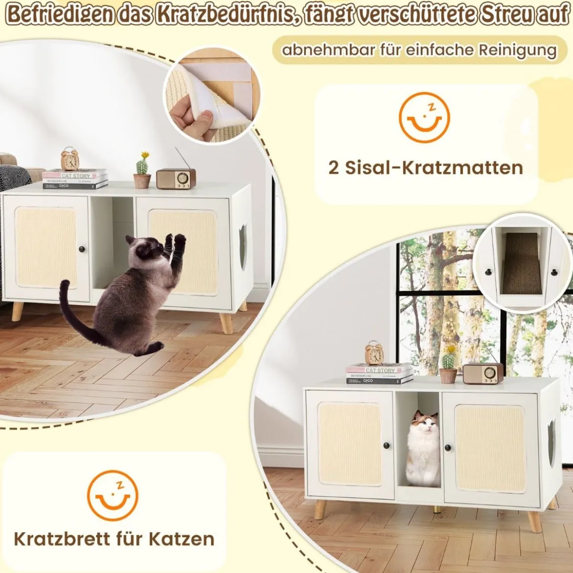 Katzenschrank für Katzentoilette Katzenklo Schrank mit 2 Türen Katzenhaus für 2 Katzen Natur/Weiß