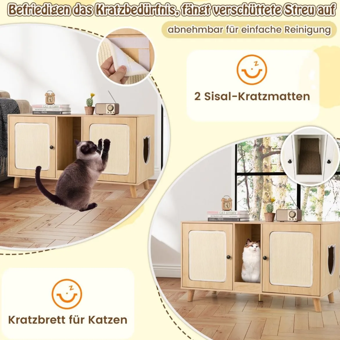 Katzenschrank für Katzentoilette Katzenklo Schrank mit 2 Türen Katzenhaus für 2 Katzen Natur/Weiß