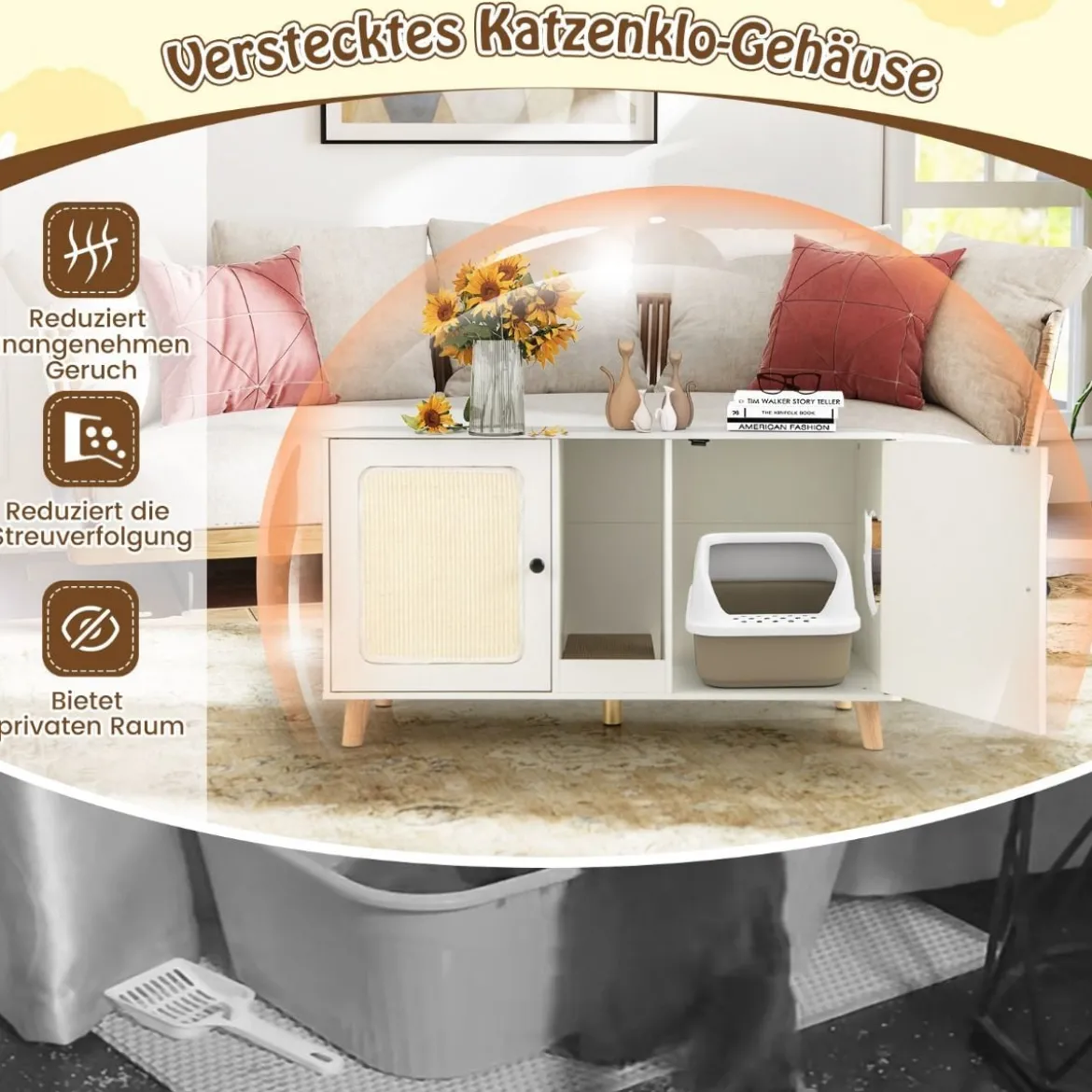 Katzenschrank für Katzentoilette Katzenklo Schrank mit 2 Türen Katzenhaus für 2 Katzen Natur/Weiß