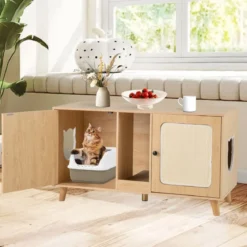 Katzenschrank für Katzentoilette Katzenklo Schrank mit 2 Türen Katzenhaus für 2 Katzen Natur/Weiß