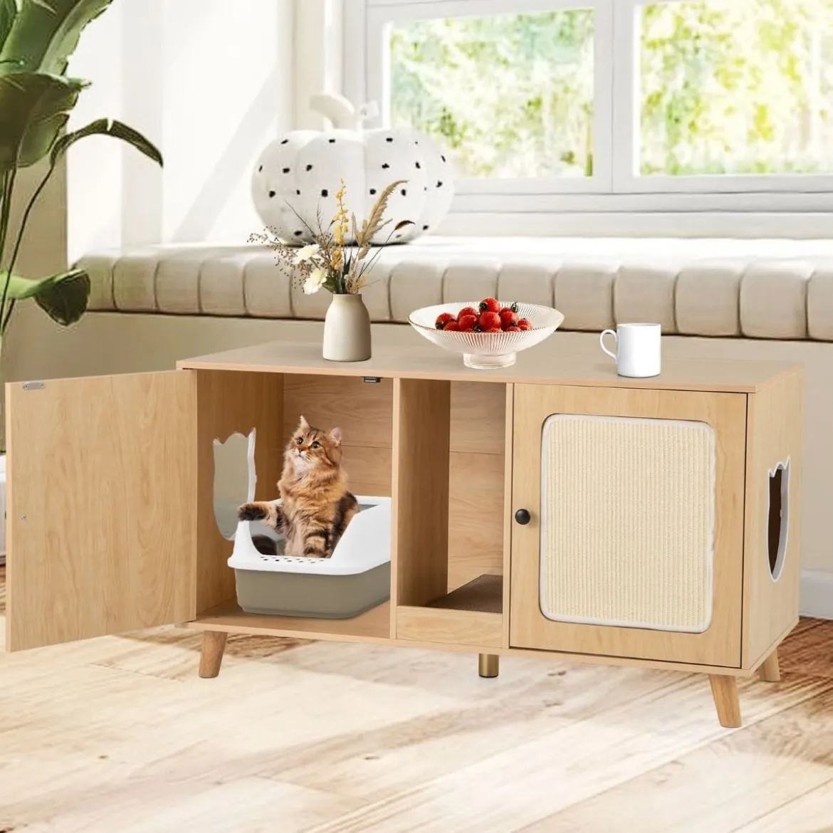 Katzenschrank für Katzentoilette Katzenklo Schrank mit 2 Türen Katzenhaus für 2 Katzen Natur/Weiß