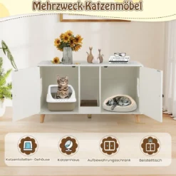 Katzenschrank für Katzentoilette Katzenklo Schrank mit 2 Türen Katzenhaus für 2 Katzen Natur/Weiß