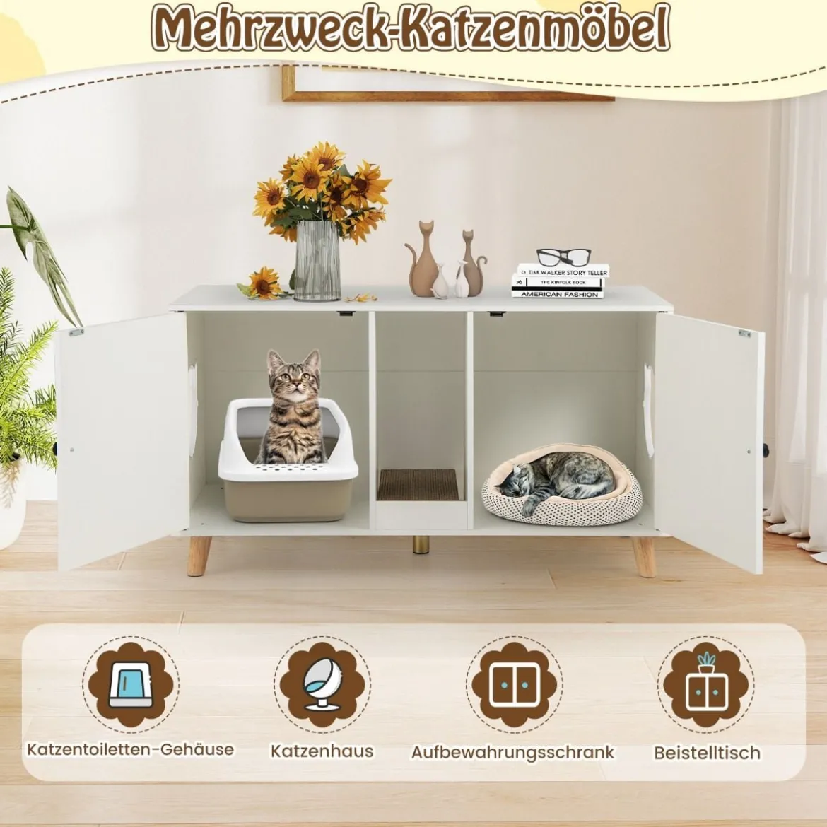 Katzenschrank für Katzentoilette Katzenklo Schrank mit 2 Türen Katzenhaus für 2 Katzen Natur/Weiß