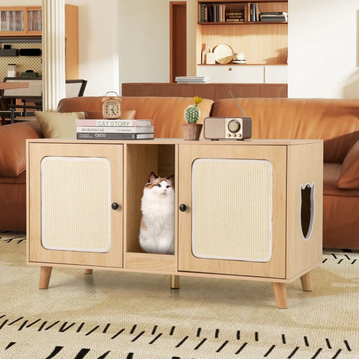 Katzenschrank für Katzentoilette Katzenklo Schrank mit 2 Türen Katzenhaus für 2 Katzen Natur/Weiß