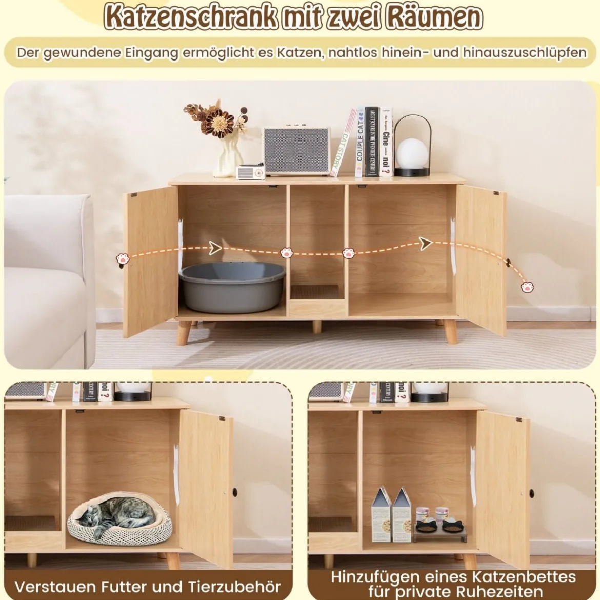 Katzenschrank für Katzentoilette Katzenklo Schrank mit 2 Türen Katzenhaus für 2 Katzen Natur/Weiß